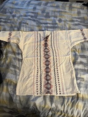 MEXICANA Cream Embroidered Peasant Top with Brown and Black Accents